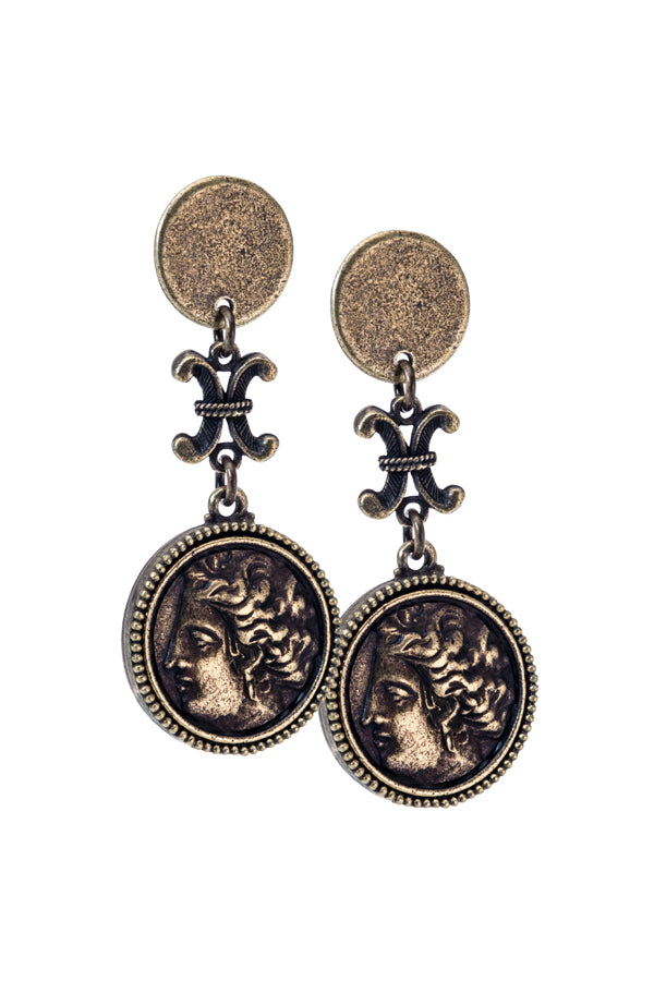 Hermes Medallion Long Brass Ox Earring