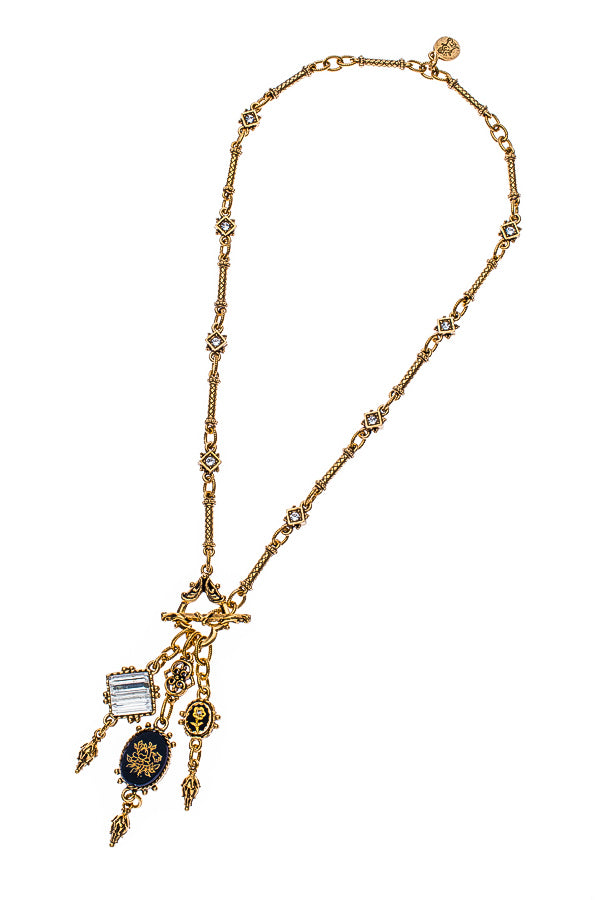 Vintage Jet Glass & Crystal Charm Necklace