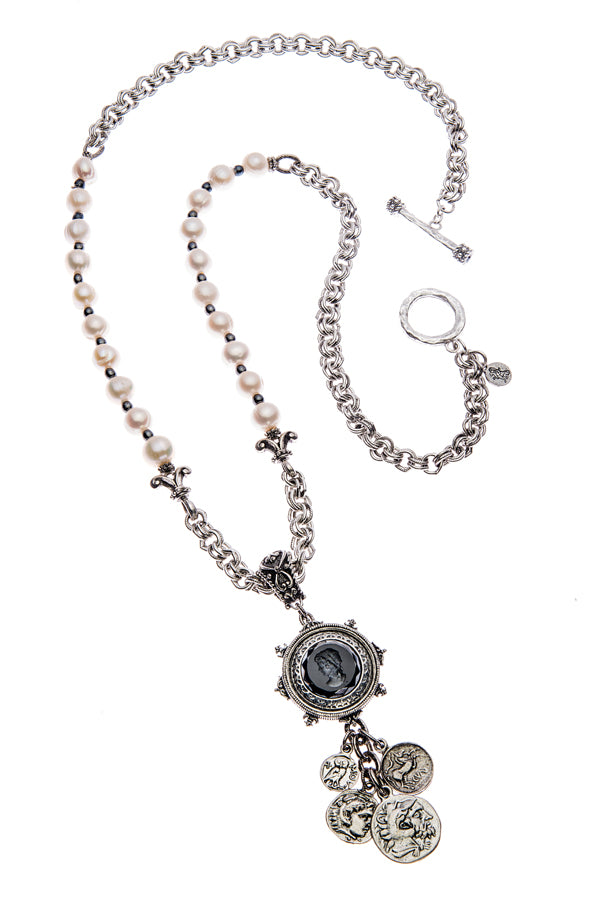 Pearl and Hematite Long Charm Necklace