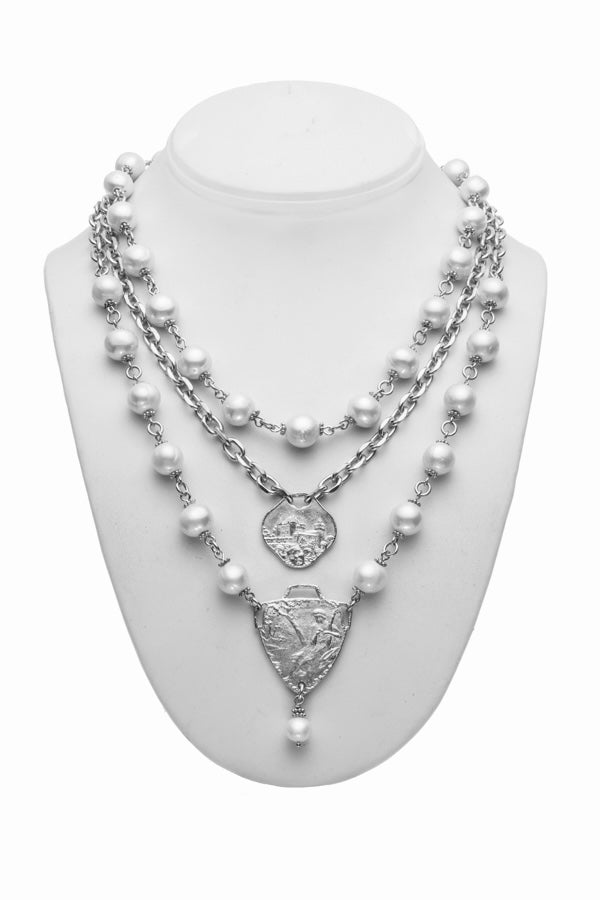 Triple Strand Silver and Pearl Necklace