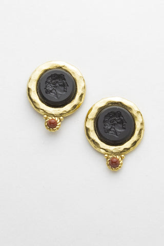 Hammered Gold and Jet Intaglio Earring