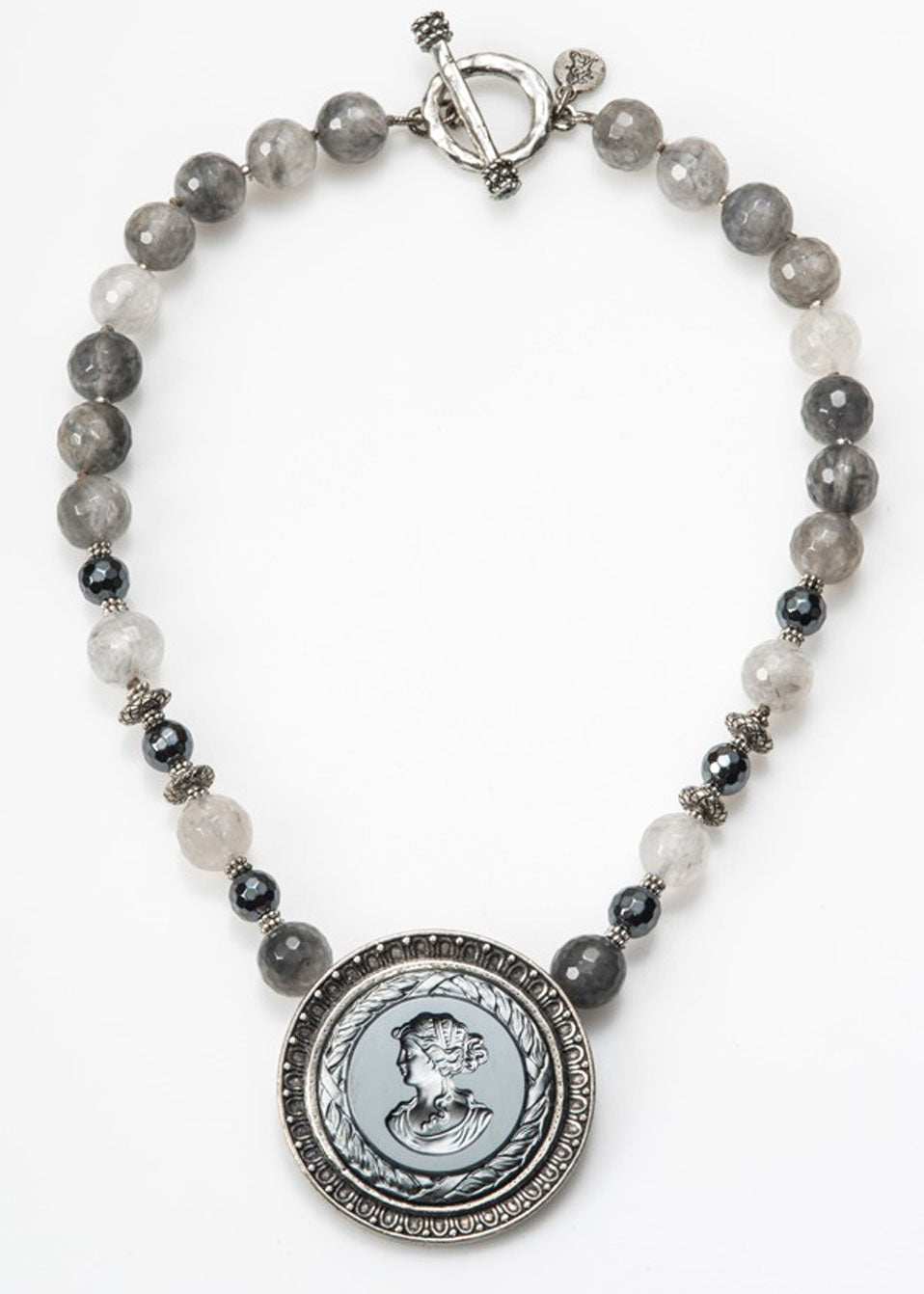 Goddess Athena Silver & Gray Intaglio Necklace